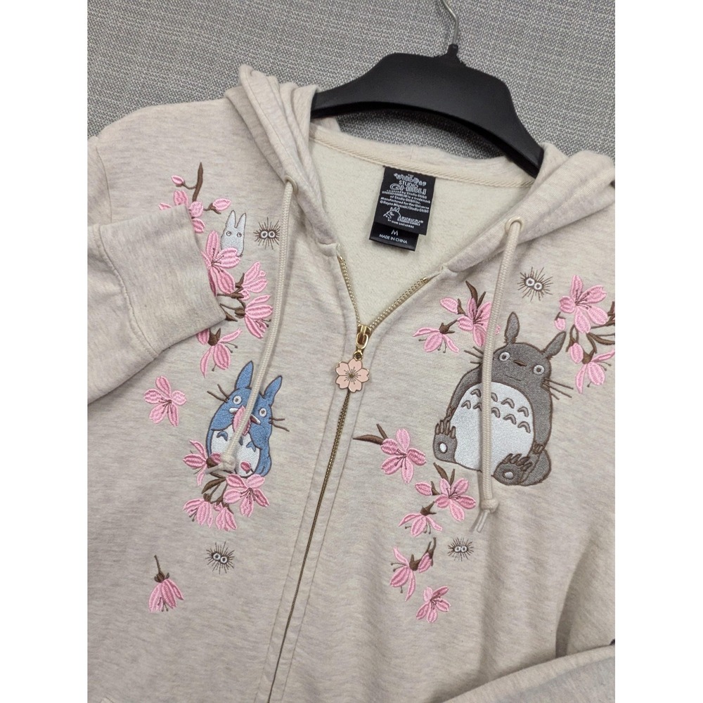 Studio Ghibli Hoodie Womens Medium Beige Totoro Cherry Blossom Zip Fleece Print
